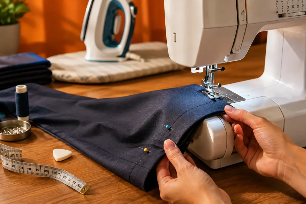 Ourlet de pantalon réalisé à la machine à coudre sur une table en bois avec ambiance chaleureuse et accessoires de couture.