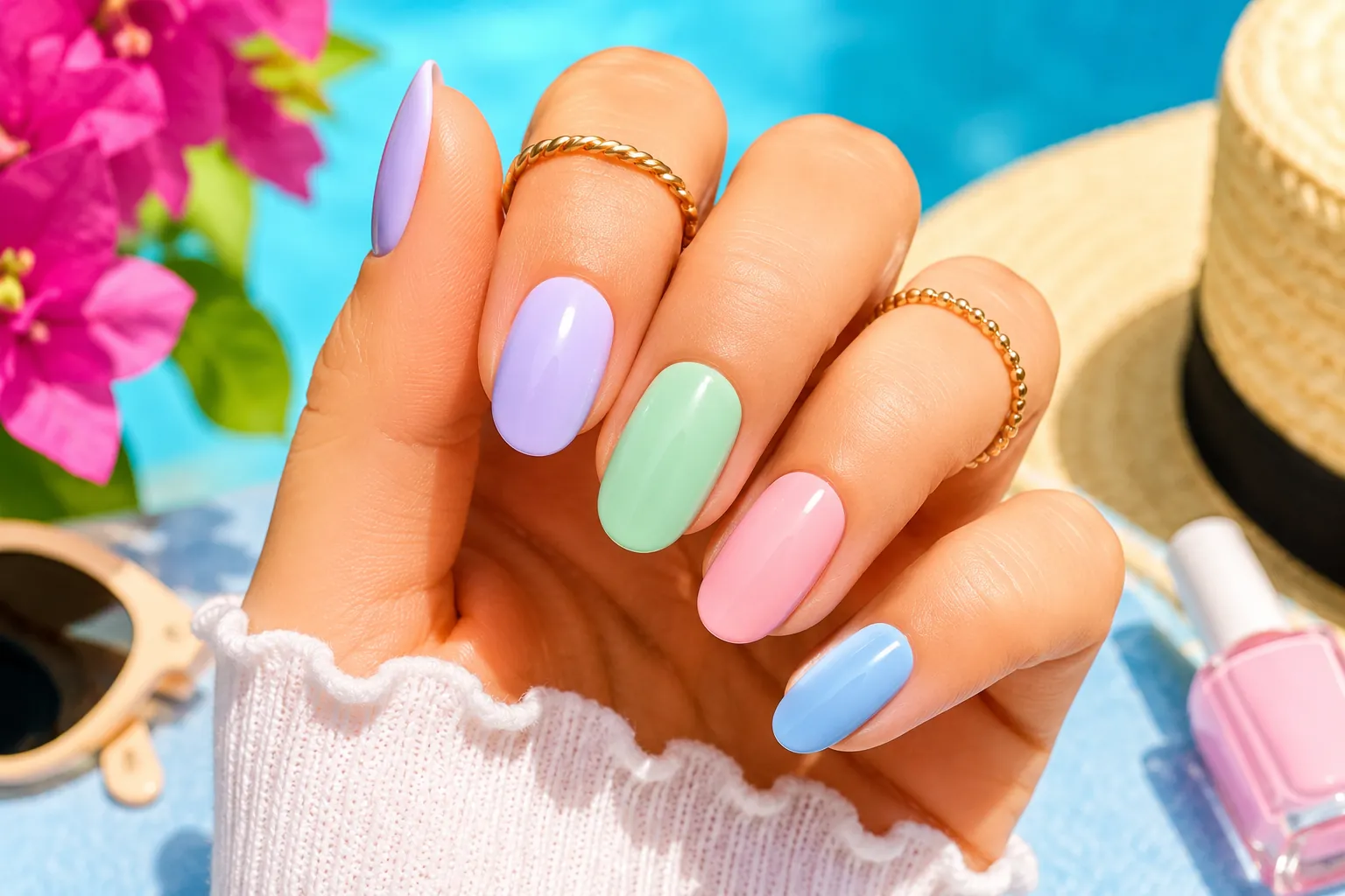 Manucure été avec ongles pastel lavande, menthe, rose et bleu ciel dans une ambiance colorée et lumineuse estivale.