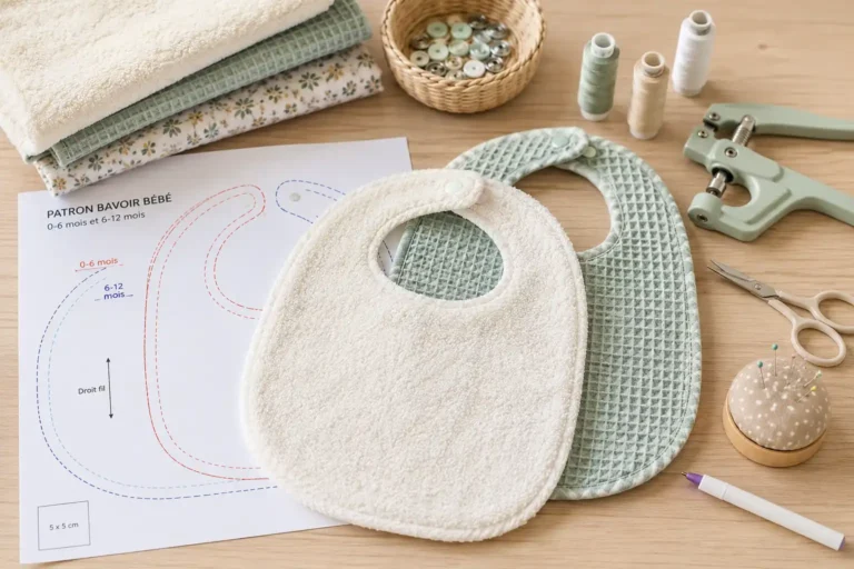 Image de deux bavoirs bébé cousus main en tissu éponge et nid d’abeille, posés sur une table de couture avec patron PDF imprimé, tissus, boutons pression et accessoires de couture.