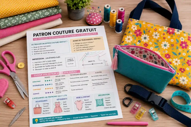 Image d’un espace couture coloré avec patron couture gratuit imprimé, tissus, trousse cousue main, ciseaux, fils, mètre ruban et accessoires de mercerie.