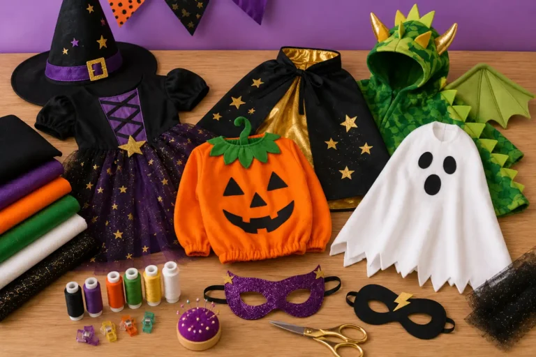 Image de déguisements enfant cousus main pour Halloween et Carnaval, avec cape, chapeau de sorcière, costume citrouille, fantôme, dragon, masques, tissus et accessoires de couture.