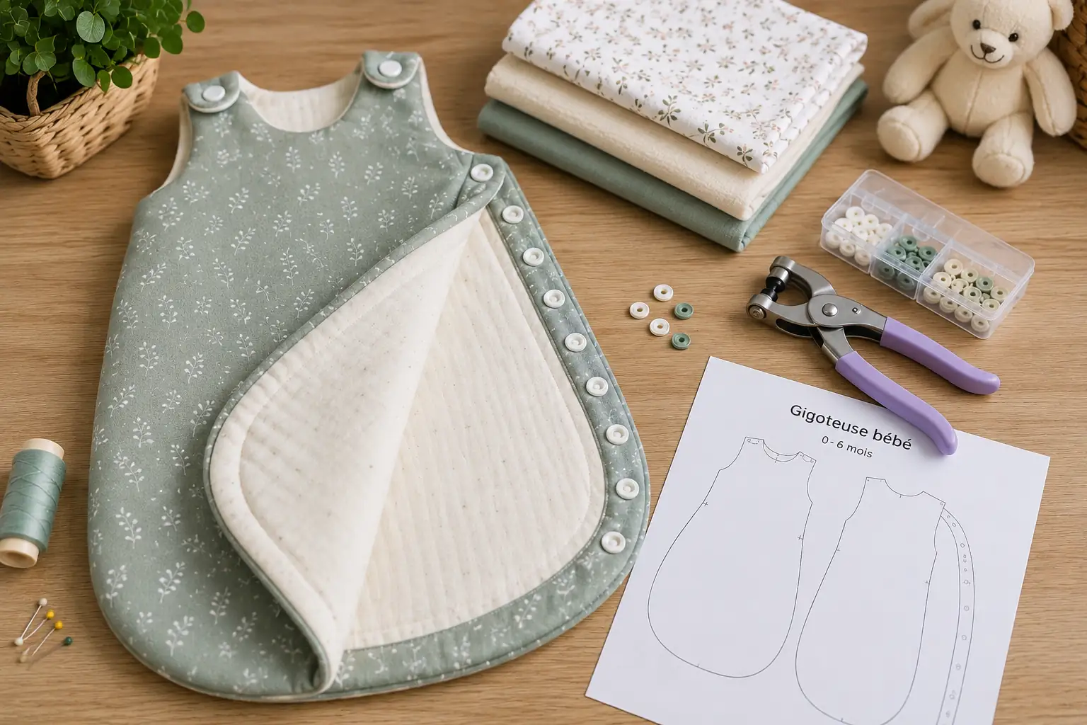 Gigoteuse bébé à pressions posée sur une table de couture avec patron imprimé, tissus pliés, pince à pressions, boutons pression et accessoires de couture.