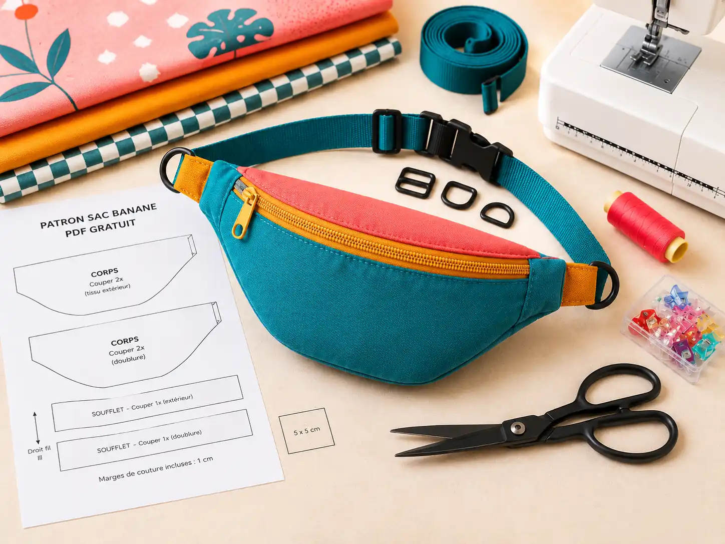 Image d’un sac banane coloré cousu main avec fermeture éclair et sangle réglable, posé sur une table de couture avec patron PDF imprimé, tissus, ciseaux et accessoires de mercerie.
