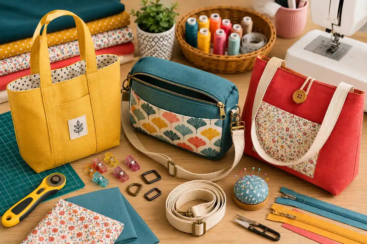 Image de plusieurs sacs cousus main colorés sur une table de couture, avec tissus, sangles, fermetures éclair, fils, ciseaux et accessoires de mercerie.
