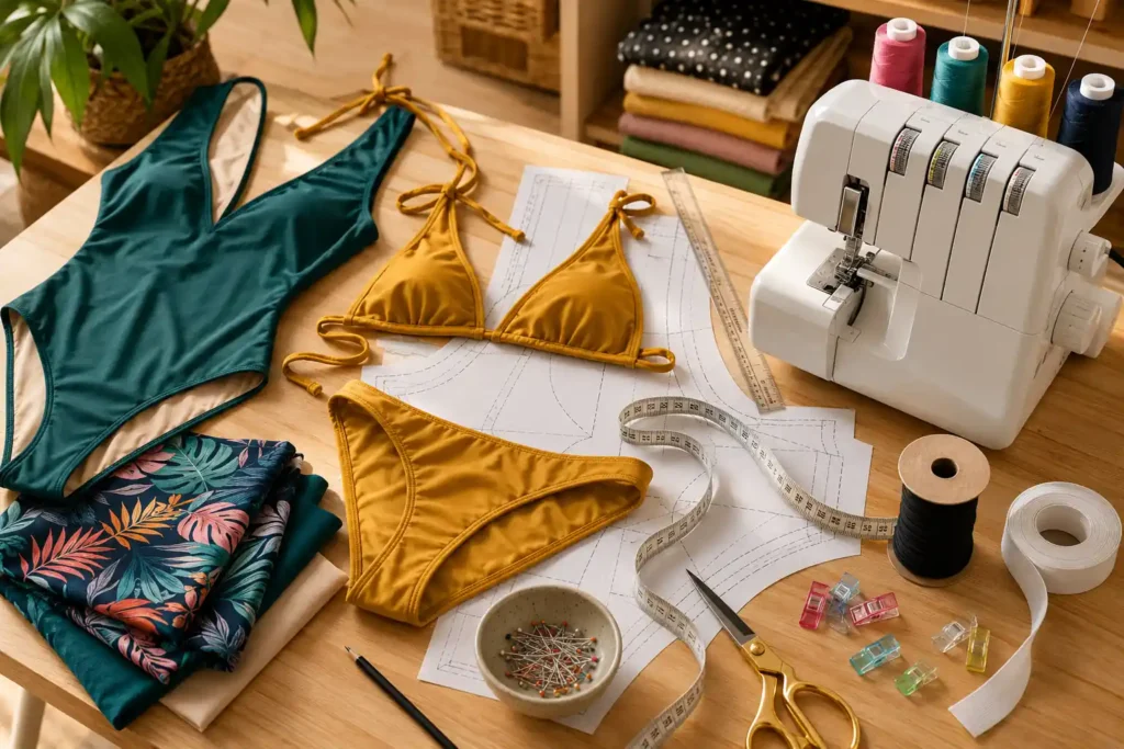 Couture d’un maillot de bain coloré à la machine sur tissu Lycra dans un atelier lumineux.