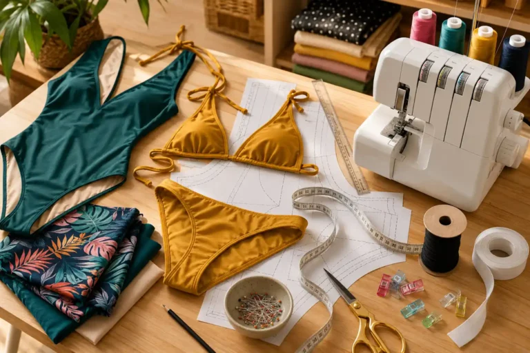 Couture d’un maillot de bain coloré à la machine sur tissu Lycra dans un atelier lumineux.