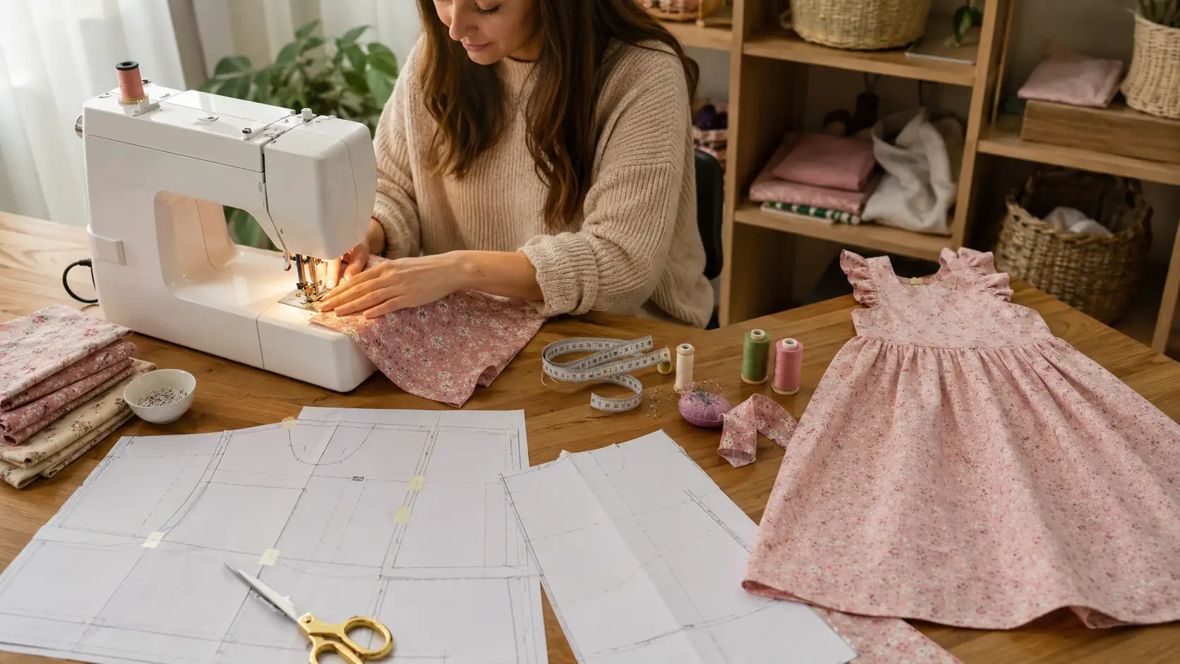 Femme cousant une robe de fille en tissu fleuri rose sur une machine à coudre, avec patron PDF imprimé, ciseaux, fils et mètre ruban sur une table de couture.