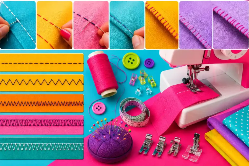 Machine à coudre et différents points de couture colorés sur tissus flashy rose, jaune, turquoise et violet.