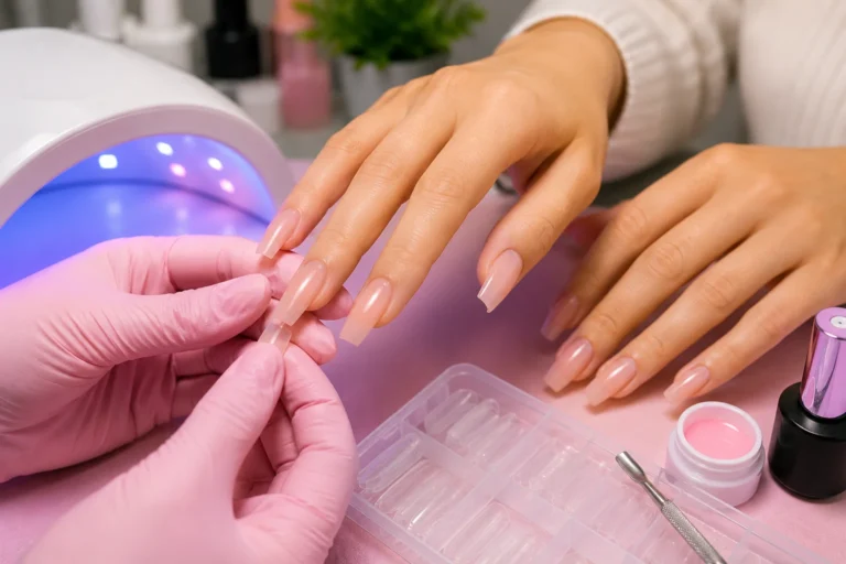 Pose d’ongles en gel capsule avec lampe UV LED dans un salon de manucure moderne aux tons roses lumineux