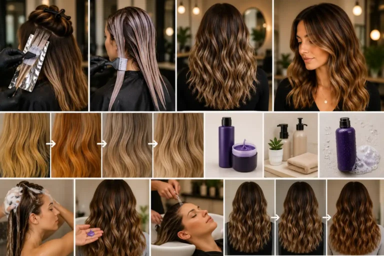 Application d’une patine après balayage sur cheveux châtains avec reflets caramel dans un salon de coiffure lumineux.
