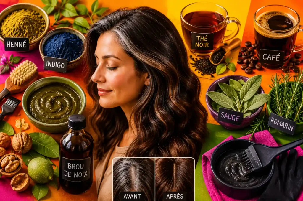 Femme aux cheveux brillants entourée d’ingrédients naturels pour coloration végétale sur fond coloré flash