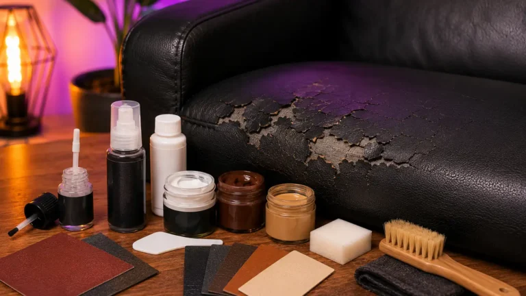 Canapé en simili cuir noir craquelé avec produits et accessoires de réparation dans une ambiance colorée et moderne.