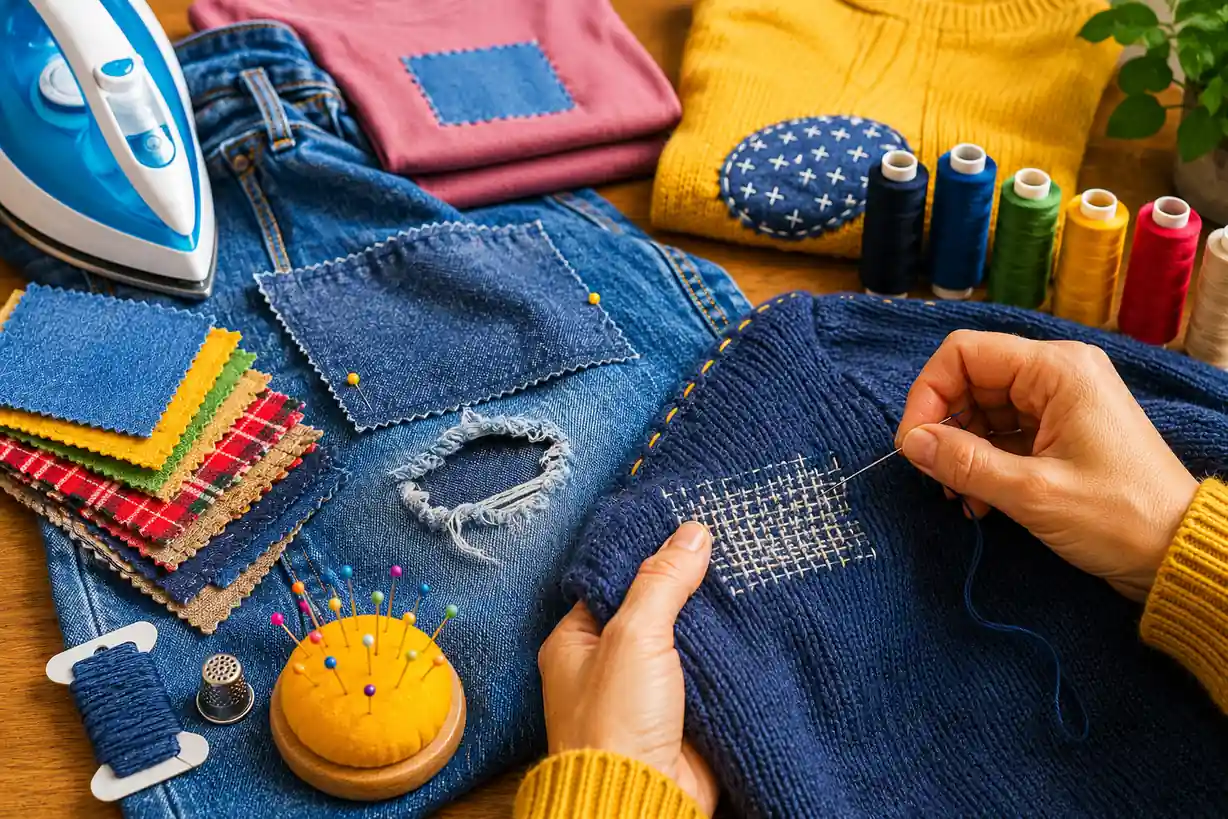 Mains réparant un trou dans un pull avec du fil, entourées de jean troué, patchs colorés, épingles et outils de couture.