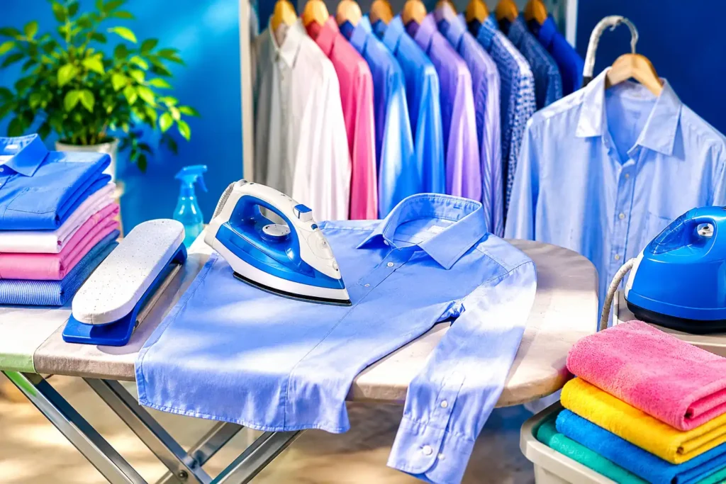 Chemise bleue repassée sur une table à repasser dans une pièce lumineuse avec fer vapeur, jeannette et vêtements colorés.