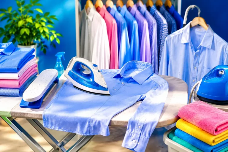 Chemise bleue repassée sur une table à repasser dans une pièce lumineuse avec fer vapeur, jeannette et vêtements colorés.