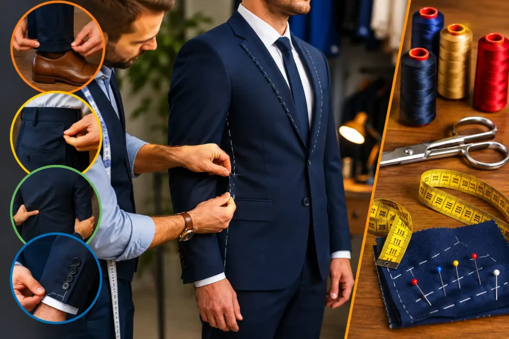 Tailleur retouchant un costume bleu marine avec mètre ruban, épingles et accessoires de couture colorés.