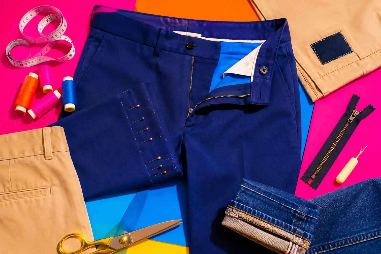 Atelier de couture coloré avec pantalon en retouche, fermeture éclair, épingles et accessoires de couture sur fond flash