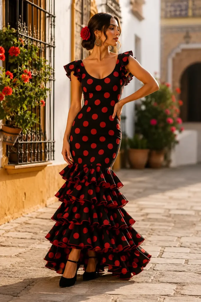 Femme portant une robe flamenco noire à pois rouges dans une rue andalouse lumineuse.