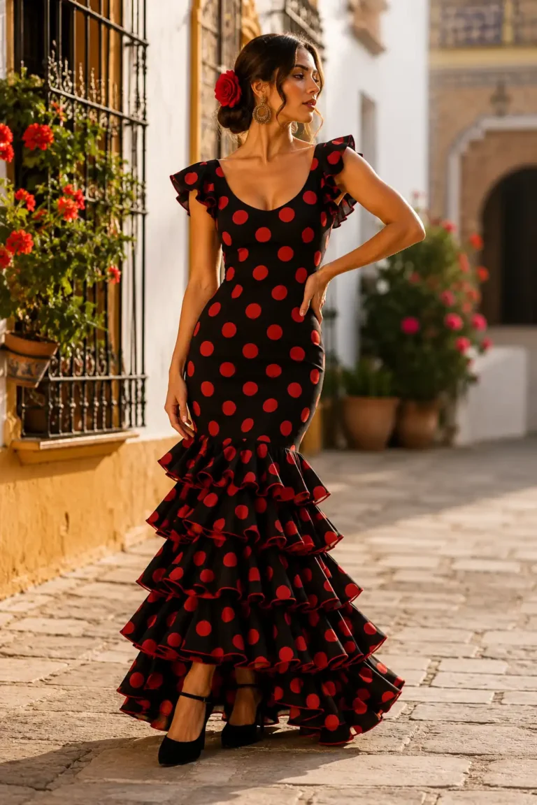 Femme portant une robe flamenco noire à pois rouges dans une rue andalouse lumineuse.