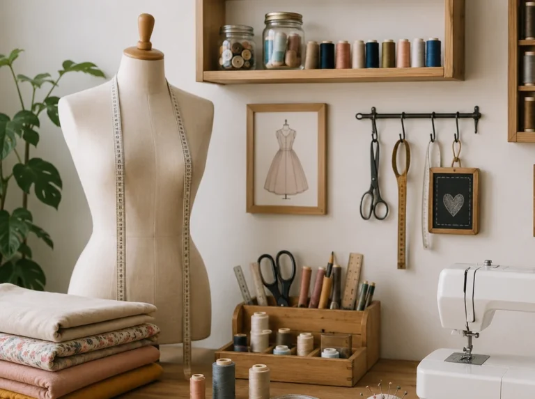 Atelier de couture lumineux avec mannequin, machine à coudre, tissus et fournitures de mercerie.