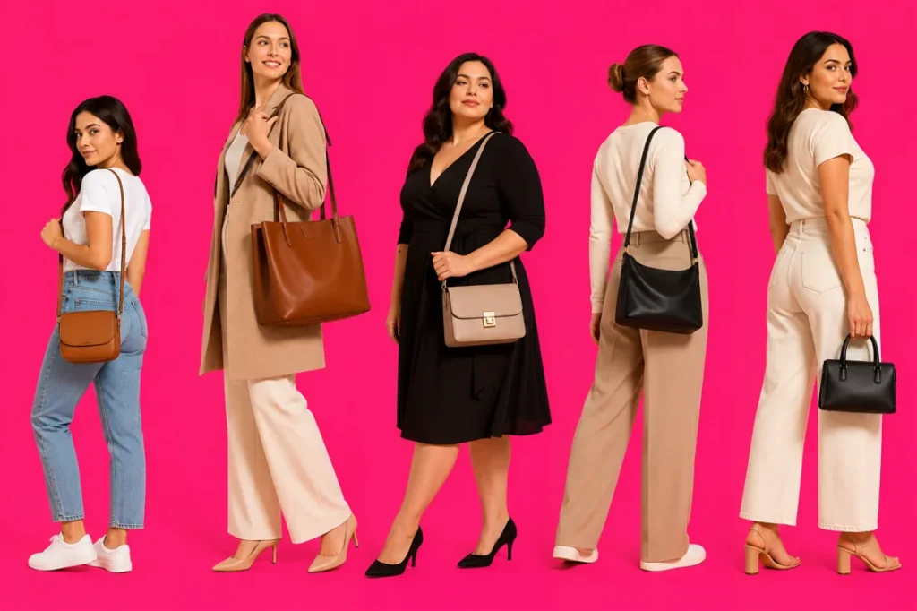 Femmes portant différents sacs à main adaptés à plusieurs morphologies sur fond rose vif