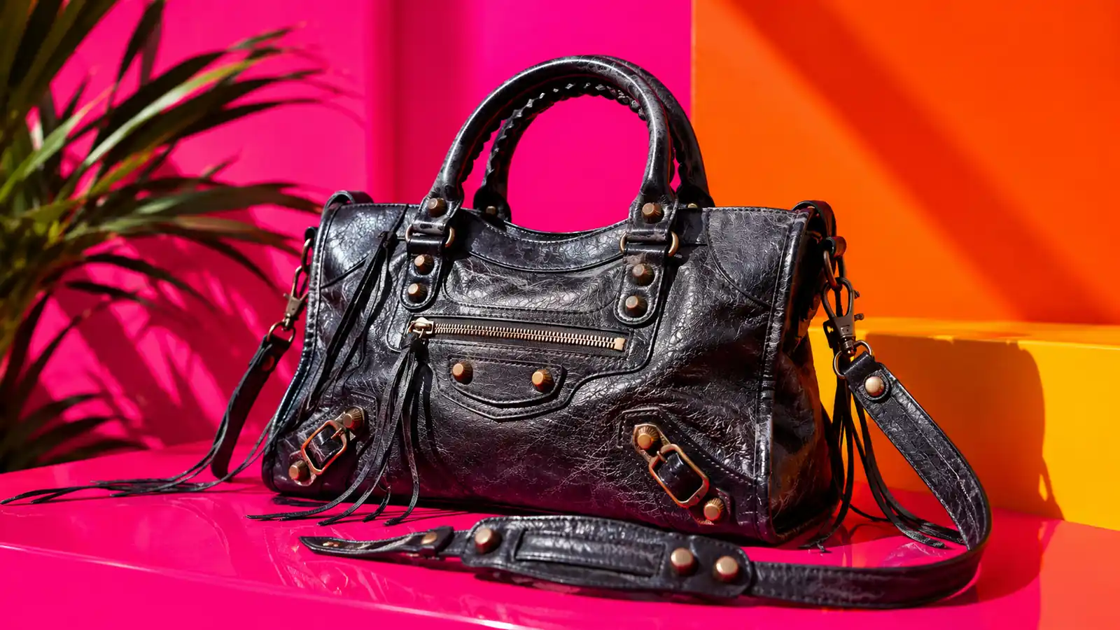 Sac à main style Balenciaga en cuir souple noir avec clous et franges, présenté dans un décor mode aux couleurs vives.