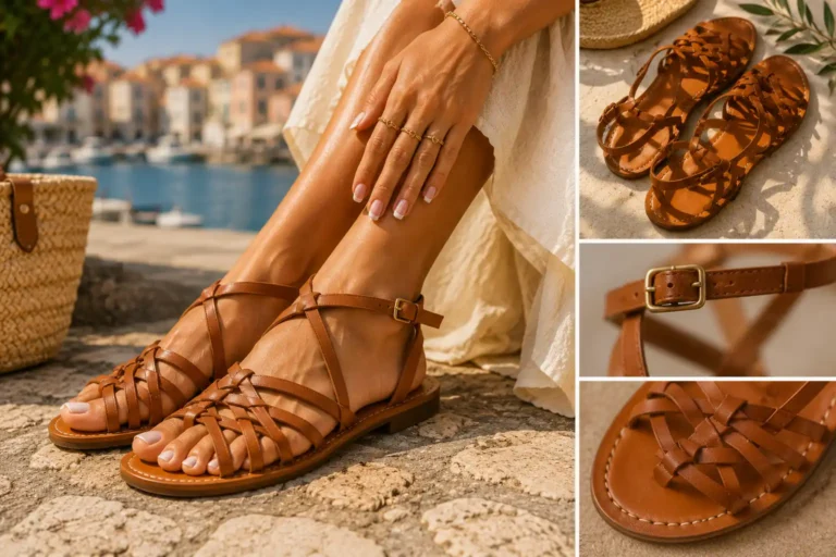 Sandales style tropézienne en cuir portées avec une robe d’été et une french manucure dans une ambiance méditerranéenne lumineuse.