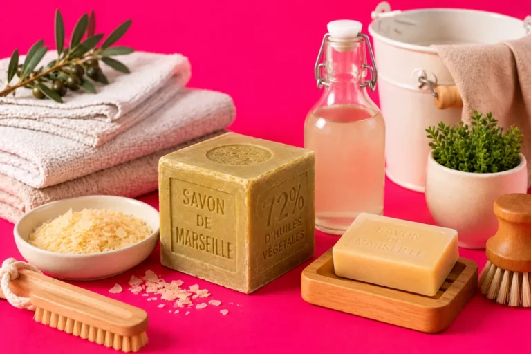 Savon de Marseille naturel avec accessoires ménagers et soins sur fond rose vif Title : savon-marseille-bienfaits
