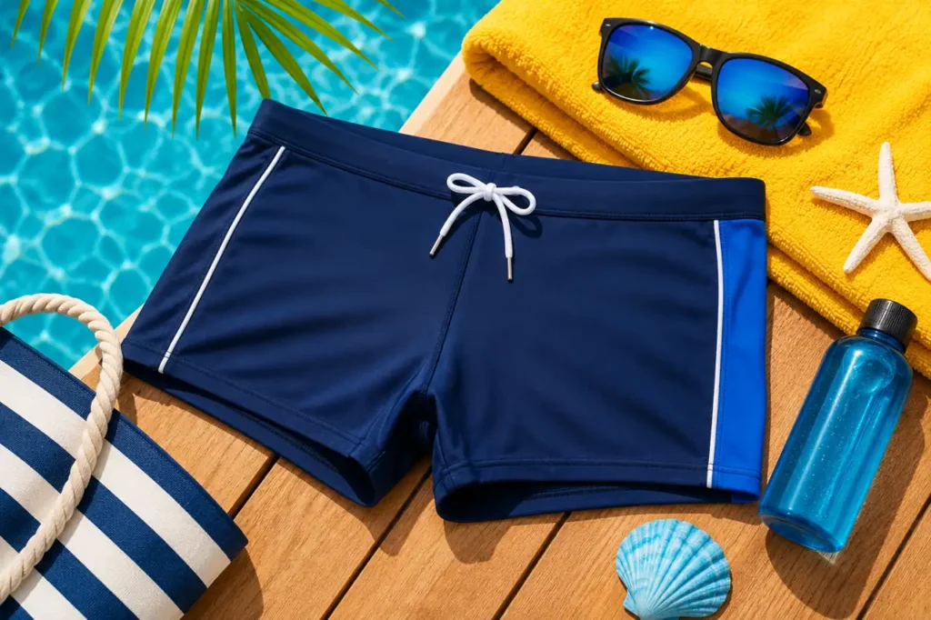 Shorty de bain homme bleu posé près d’une piscine avec accessoires d’été colorés et ambiance plage flashy.