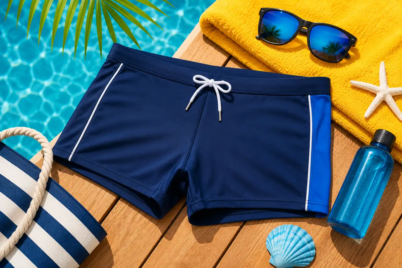 Shorty de bain homme bleu posé près d’une piscine avec accessoires d’été colorés et ambiance plage flashy.
