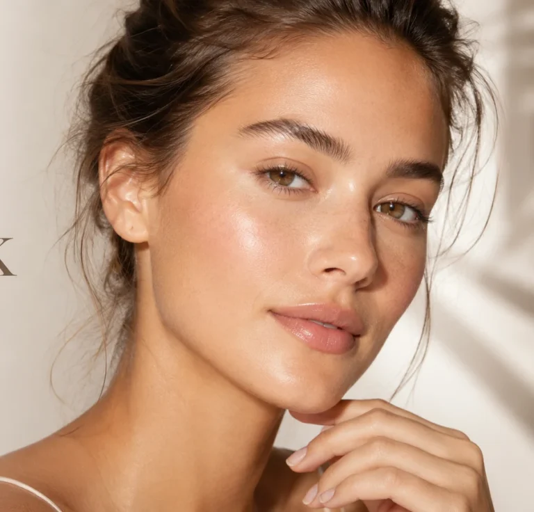 Portrait beauté naturel avec teint lumineux, peau glowy et maquillage nude style skin look.