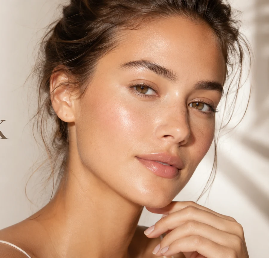 Portrait beauté naturel avec teint lumineux, peau glowy et maquillage nude style skin look.