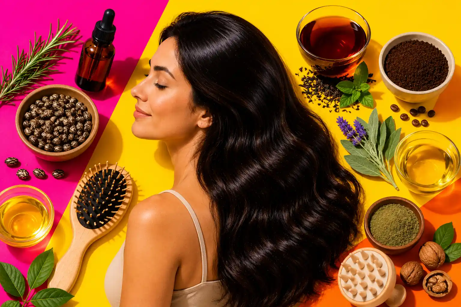 Femme aux longs cheveux brillants entourée d’huiles et d’ingrédients naturels sur fond rose et jaune flashy.