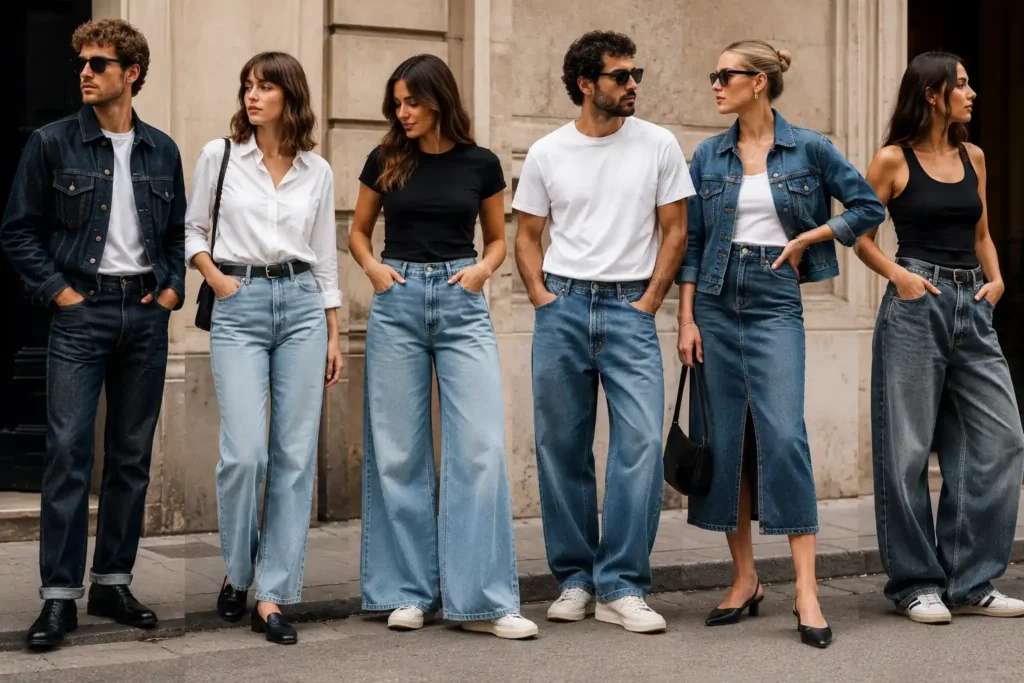 Groupe d’adultes portant différents styles de denim avec jeans droits, wide-leg, vestes en jean et jupe denim dans une rue urbaine.