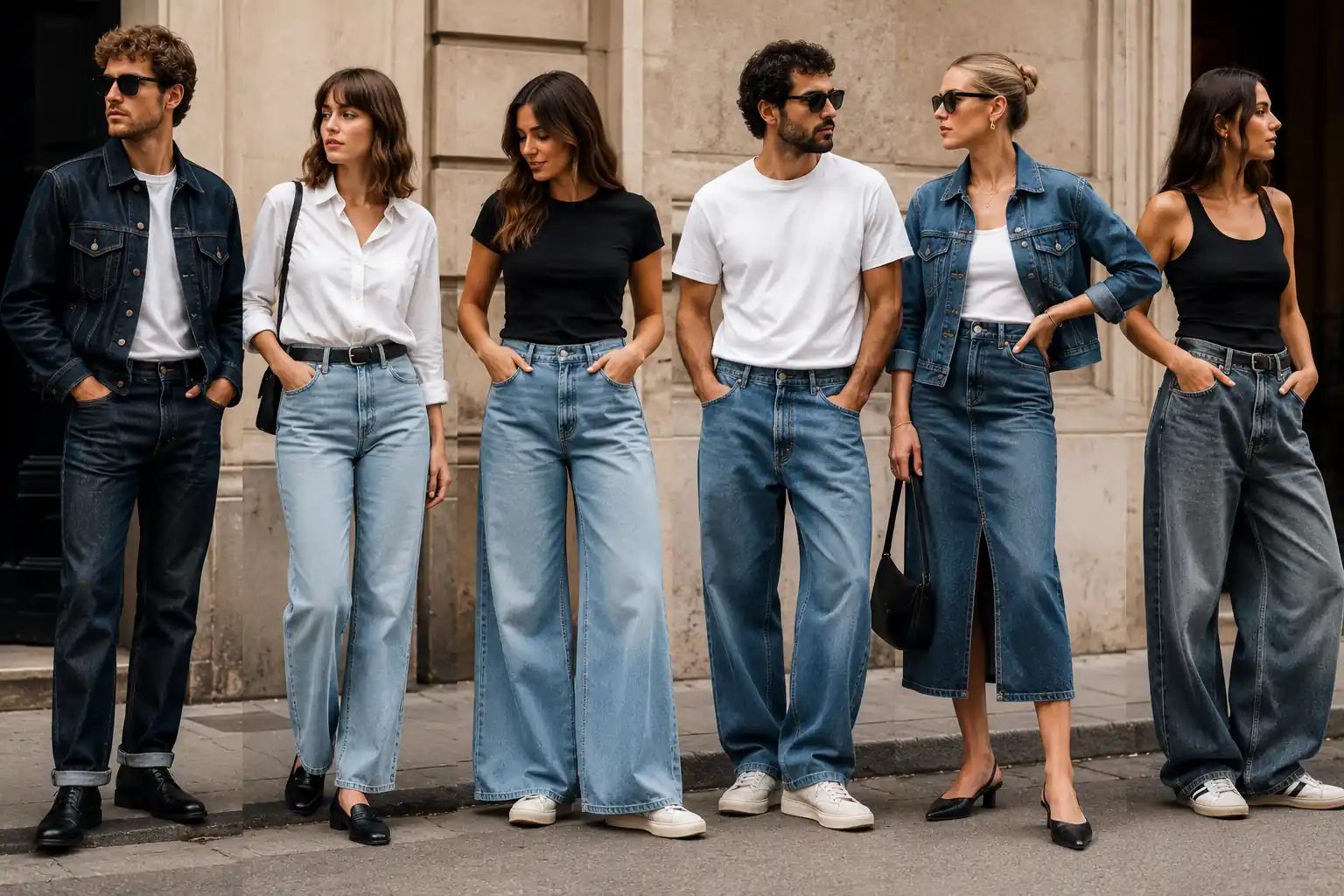 Groupe d’adultes portant différents styles de denim avec jeans droits, wide-leg, vestes en jean et jupe denim dans une rue urbaine.