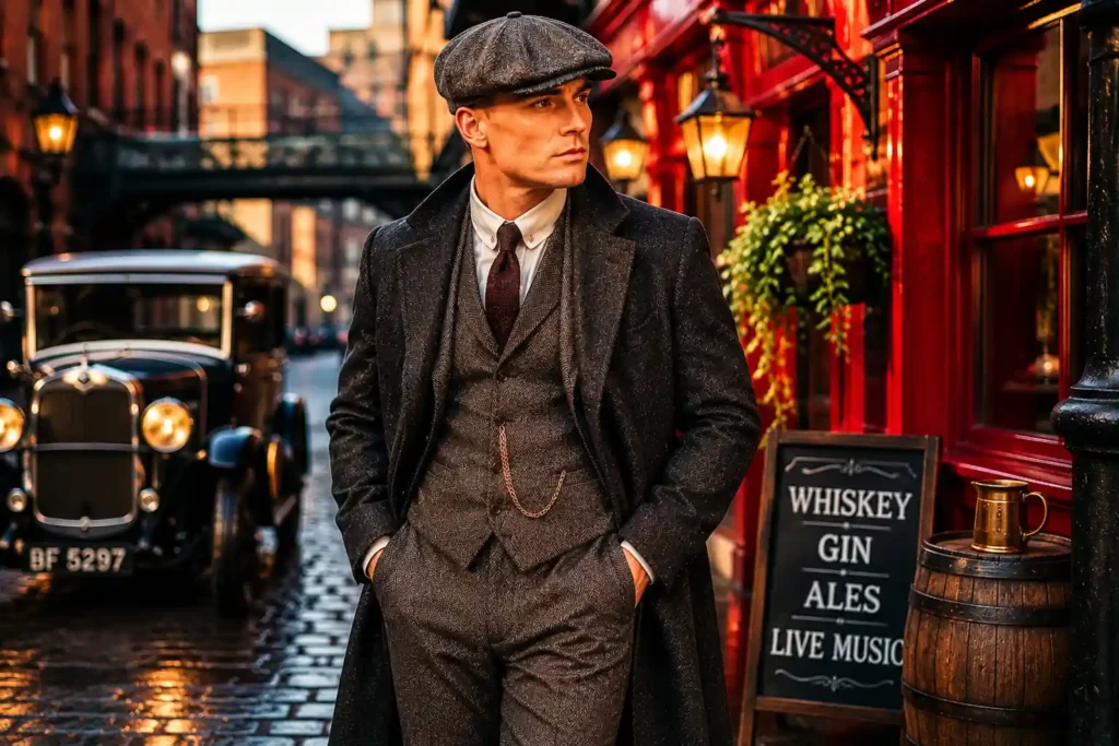 Homme portant un costume en tweed, un gilet, un manteau long et une casquette plate dans une rue urbaine rétro au style moderne.