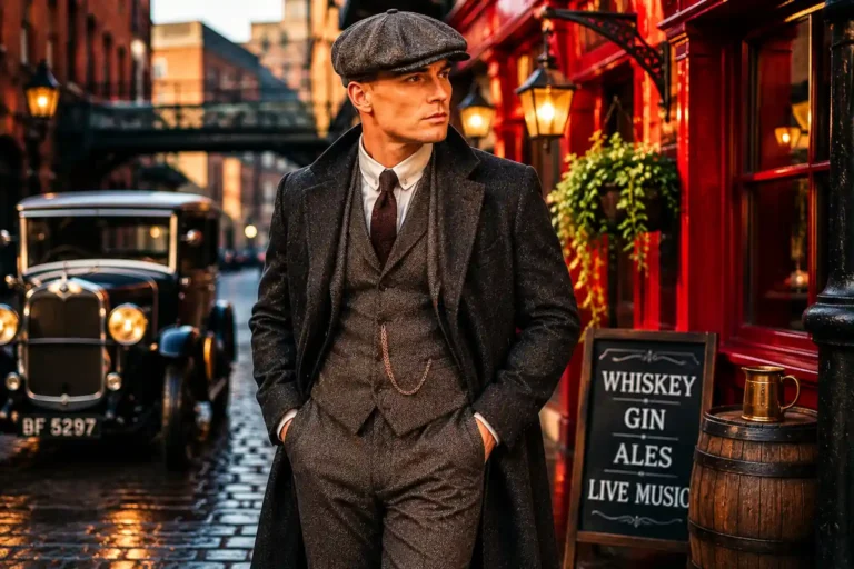 Homme portant un costume en tweed, un gilet, un manteau long et une casquette plate dans une rue urbaine rétro au style moderne.