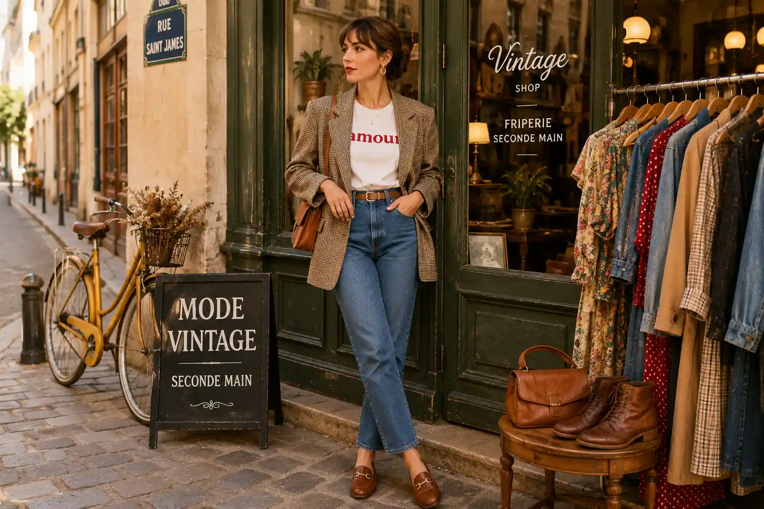 Femme portant un style vintage moderne avec blazer oversize, jean taille haute et mocassins devant une friperie colorée.