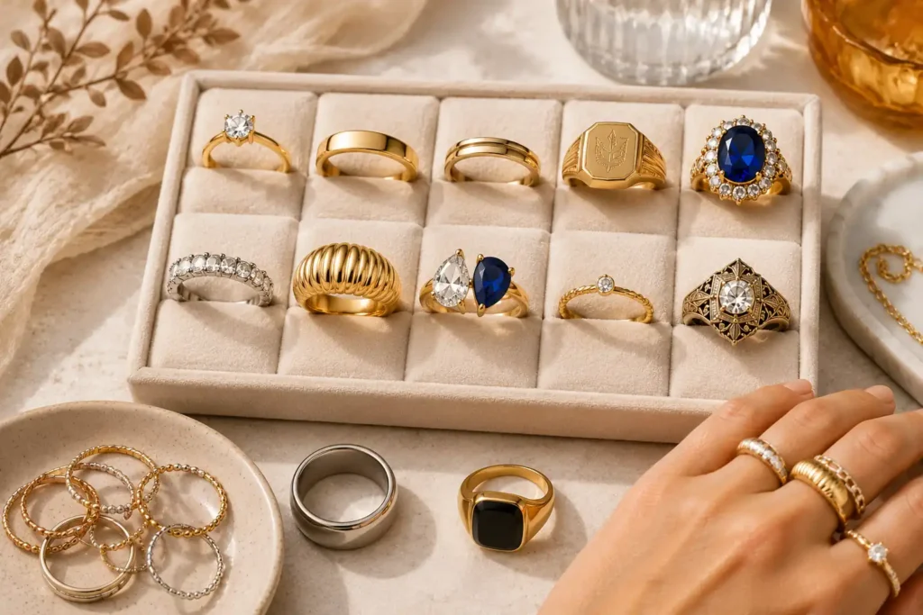 Présentoir élégant avec différents styles de bagues dorées, pierres colorées et main portant une accumulation de bijoux.