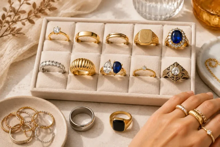 Présentoir élégant avec différents styles de bagues dorées, pierres colorées et main portant une accumulation de bijoux.