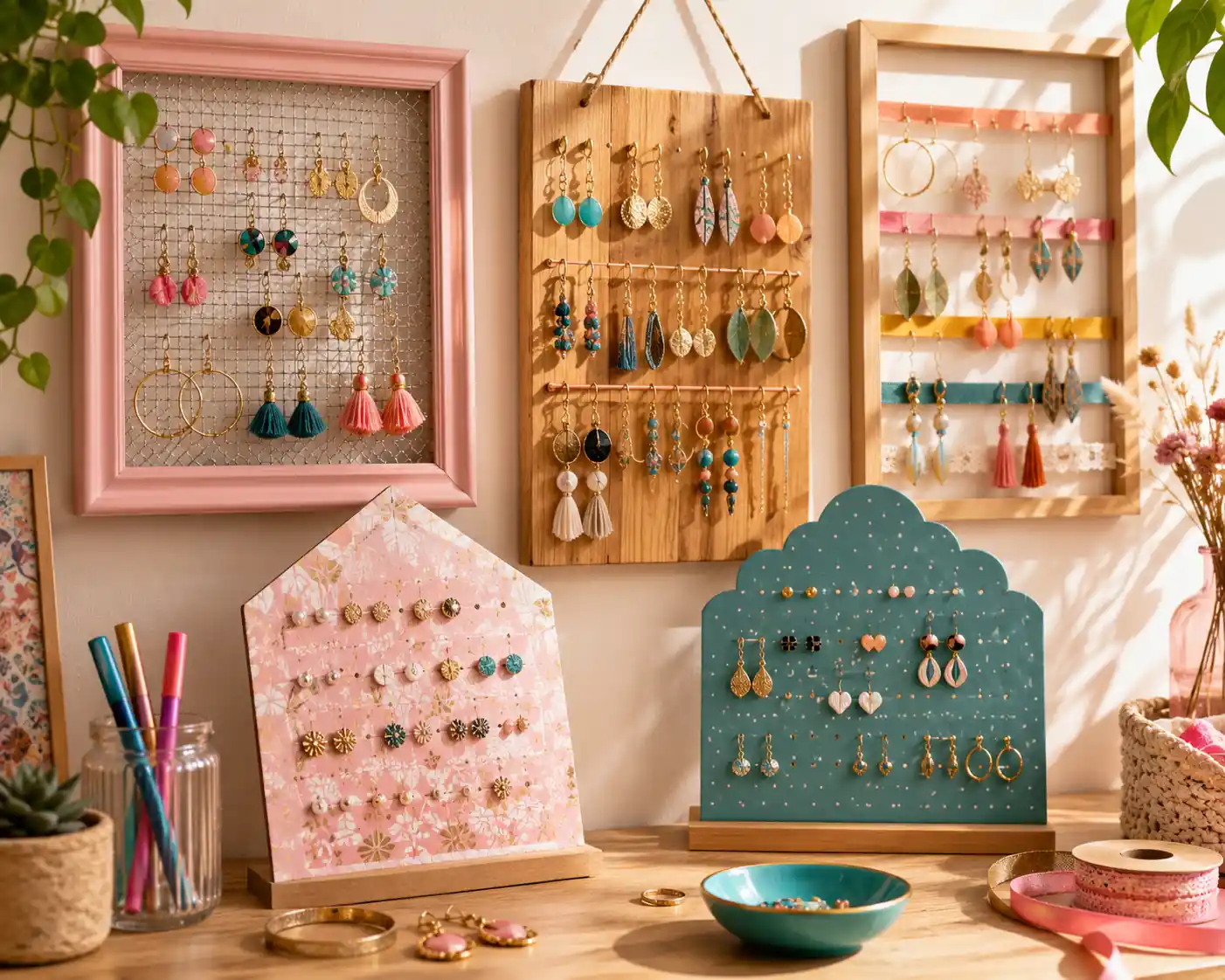 Support boucle d’oreille à faire soi-même avec cadres colorés, bois, rubans et boucles suspendues dans un atelier DIY lumineux.