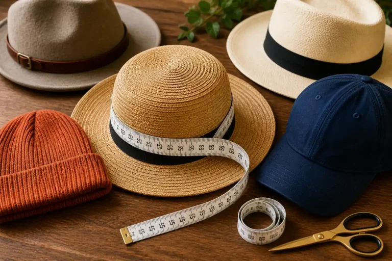 Chapeaux variés avec mètre ruban sur une table en bois pour mesurer son tour de tête.
