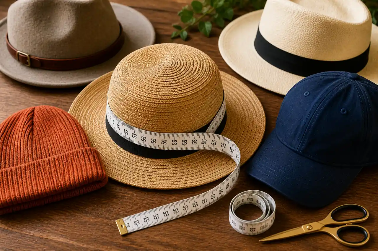 Chapeaux variés avec mètre ruban sur une table en bois pour mesurer son tour de tête.