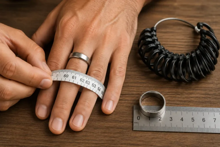 Main masculine mesurant la taille de doigt avec un mètre ruban, baguier homme et bague posés sur une table en bois.