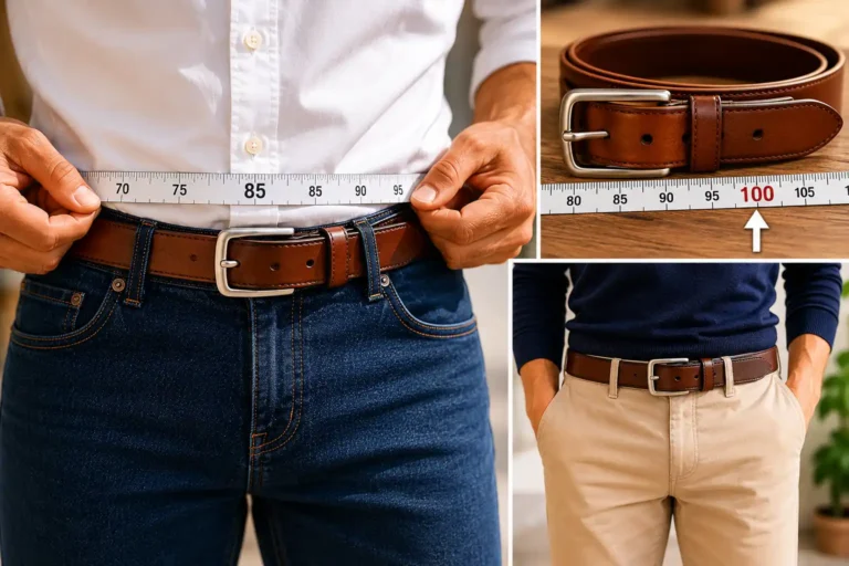Homme mesurant sa taille avec un mètre ruban pour choisir une ceinture en cuir adaptée.