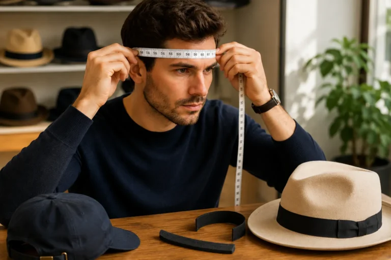 Homme mesurant son tour de tête avec un mètre ruban dans une ambiance colorée et moderne avec plusieurs chapeaux en arrière-plan.