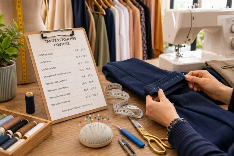 Atelier de couture avec pantalon en retouche, machine à coudre et accessoires de mercerie pour illustrer les tarifs de retouches couture