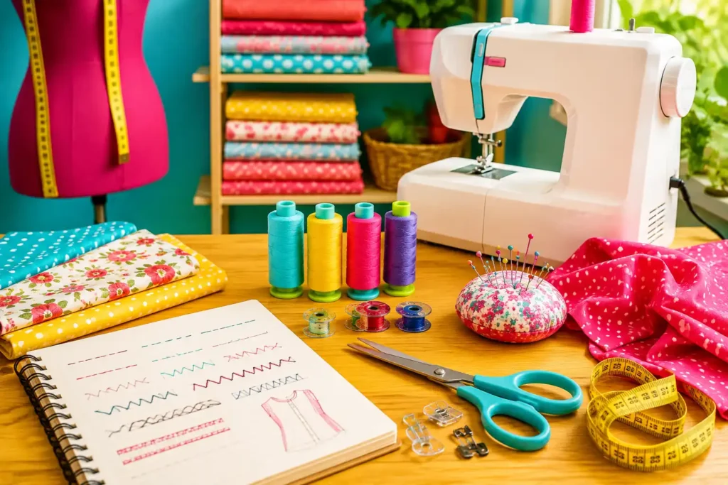 Atelier de couture coloré avec machine à coudre, tissus flash, fils, ciseaux, mètre ruban et exemples de points de couture.