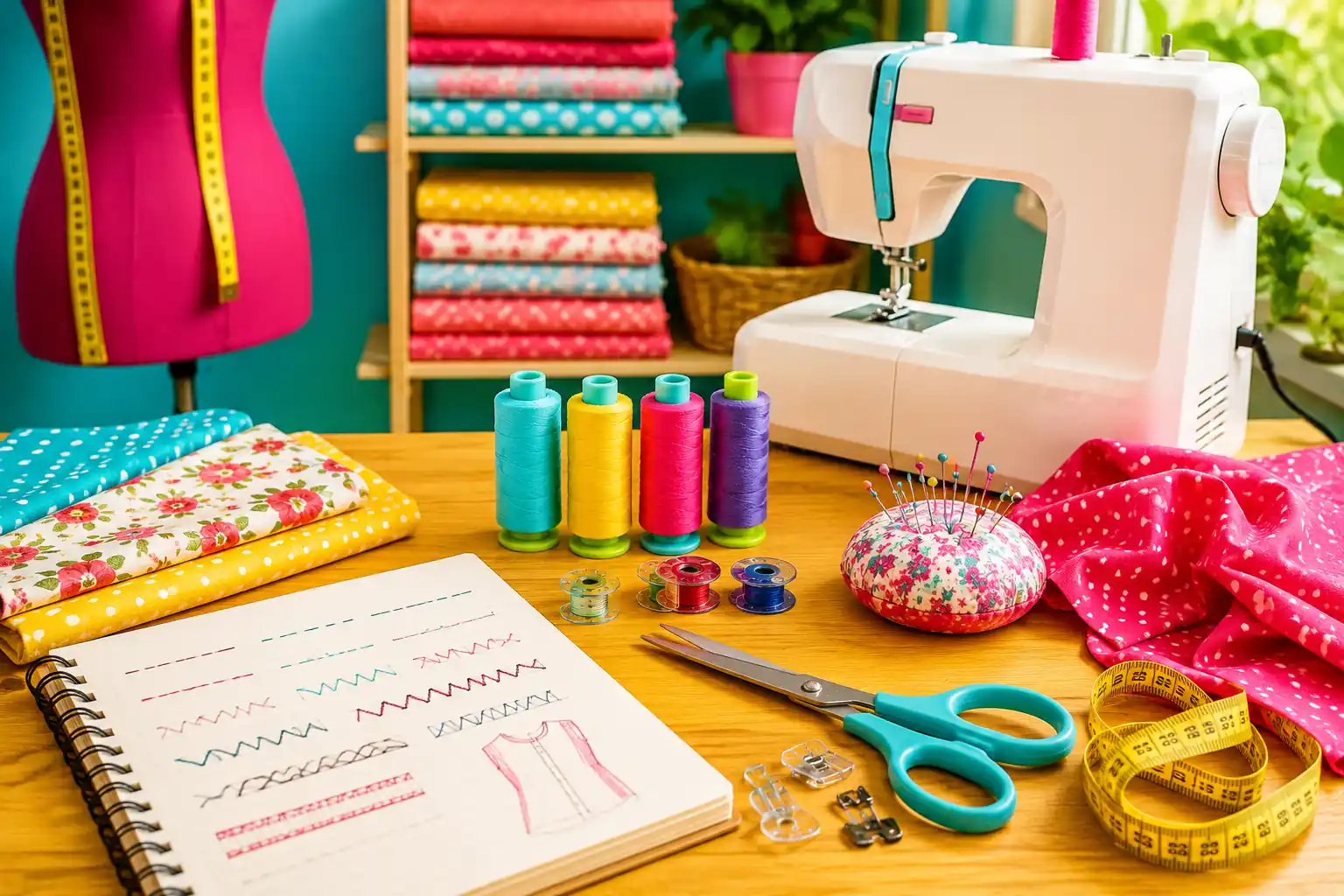 Atelier de couture coloré avec machine à coudre, tissus flash, fils, ciseaux, mètre ruban et exemples de points de couture.