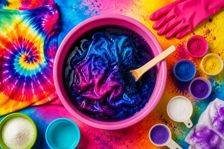 Bassine de teinture avec tissu coloré, pigments vifs, gants roses et vêtements tie-dye sur fond flashy.
